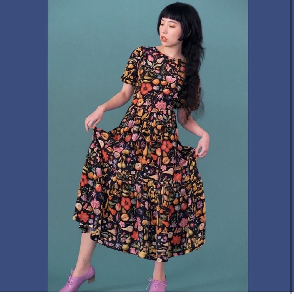 Samantha Pleet Floral Black Tulipa Dress in Forager print